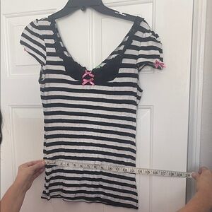Black & White Striped Scoop Neck Top with Pink Bow Accents